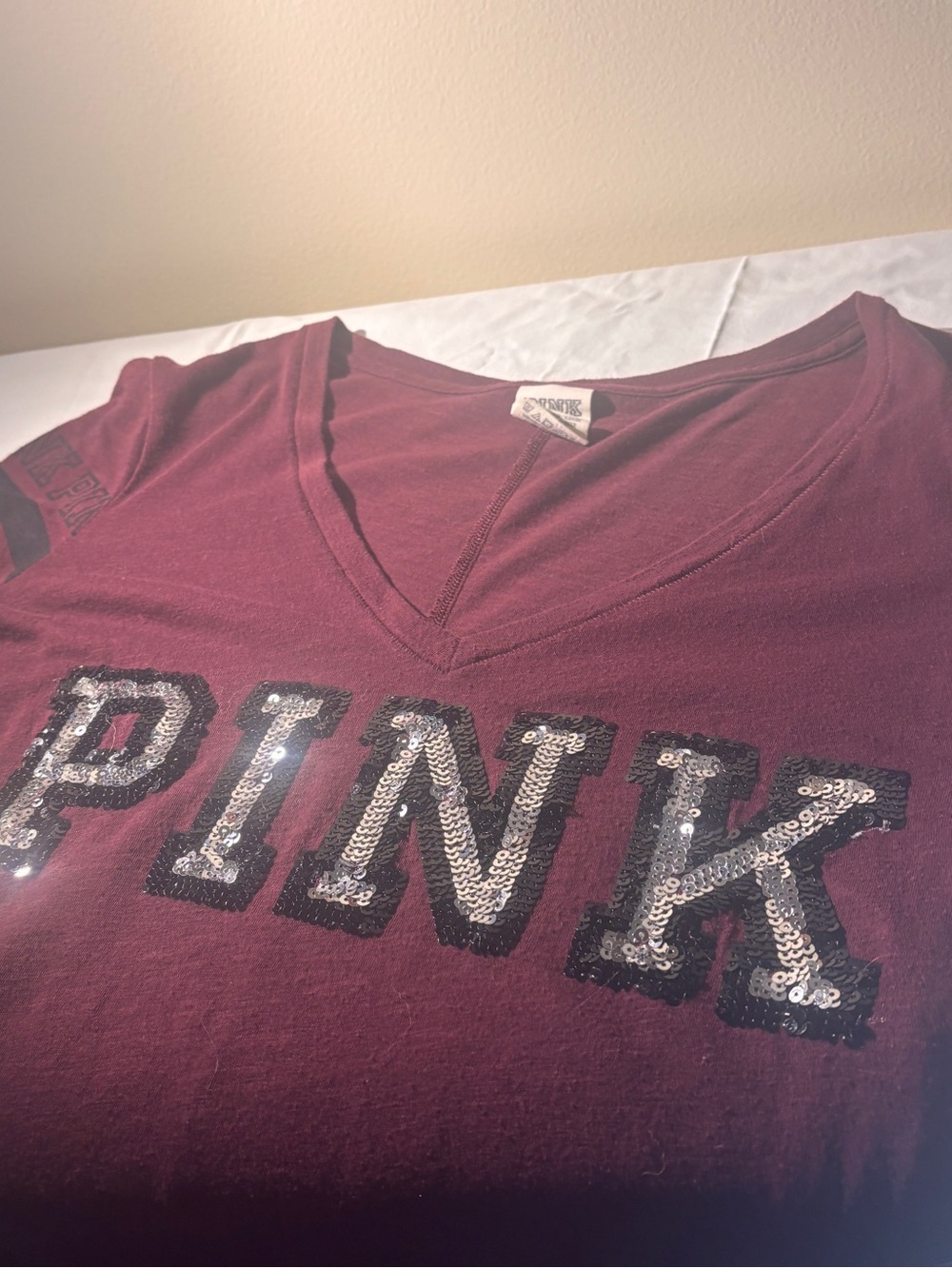 Sequin PINK Logo V-Neck Tee - Victoria’s Secret - Burgundy T-Shirt
